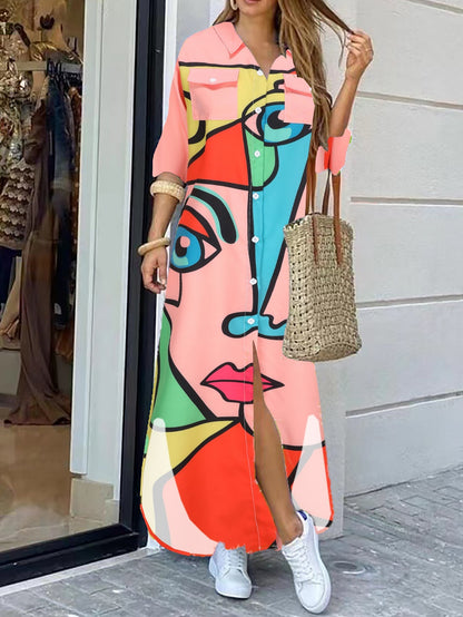 Dam Klänning Långärmad Skjortkrage Polyester Mönstrad-2