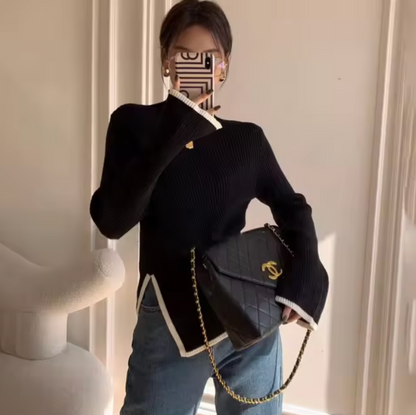 Stickad Dam Tröja Rullkrage med Utskurna Ärmar i Mjuk Material-1