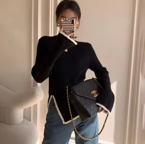 Stickad Dam Tröja Rullkrage med Utskurna Ärmar i Mjuk Material-1