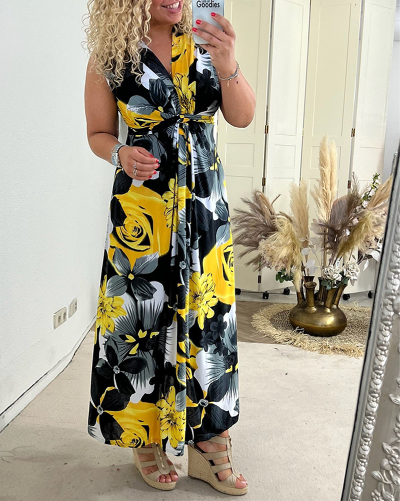 Kvinna Klänning Veckad Blommönster Polyester-5