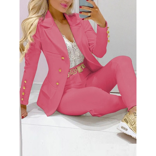 Dam Blazer med Stor Krage och Byxor i Polyester-1