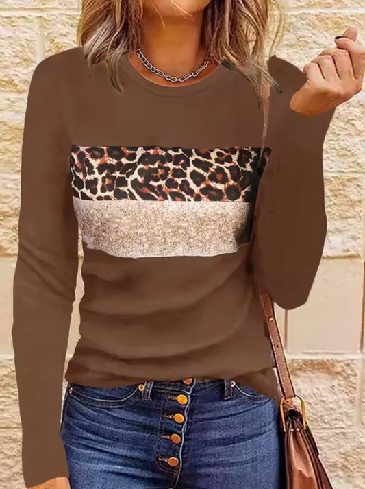 Dam Långärmad T Shirt Med Leopardmönster Mjuk Bomull-1