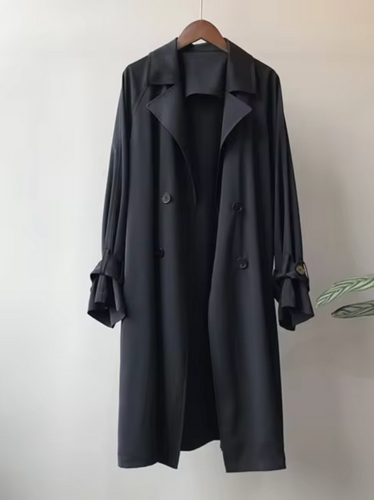 Kvinna Trench Coat Lång Skräddarsydd Lätt Tyg-1