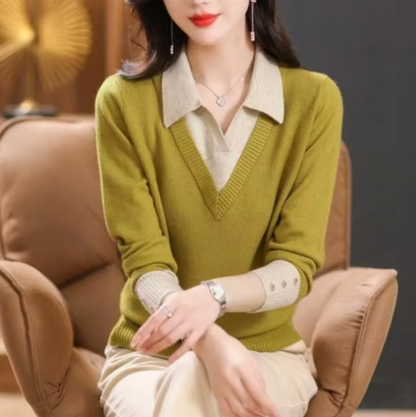 Variant image for Dam V-halslinje Topp Långa Ärmar Bomull Lapptäckedesign-1