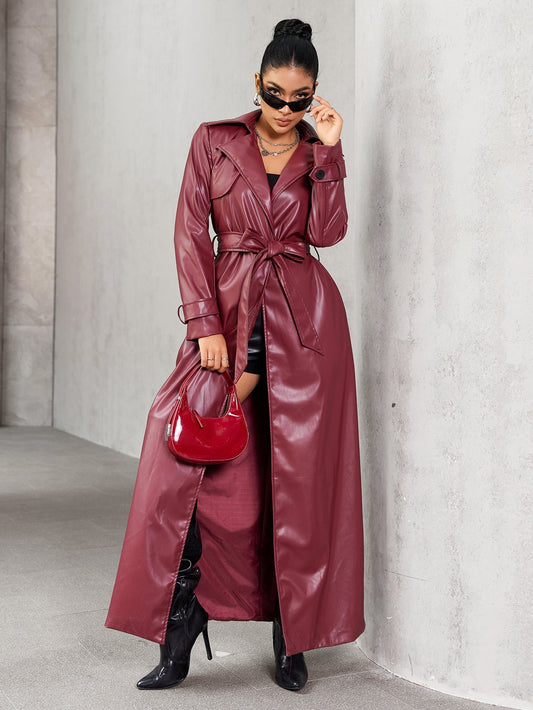 Dam Trenchcoat Lång Öppen Front PU Läder-1
