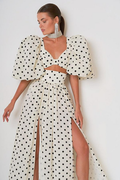 Högmidjad Polka Dot Kjol och Top Set för Dam - Stretchig Polyester, Perfekt för Sommarkläder 3