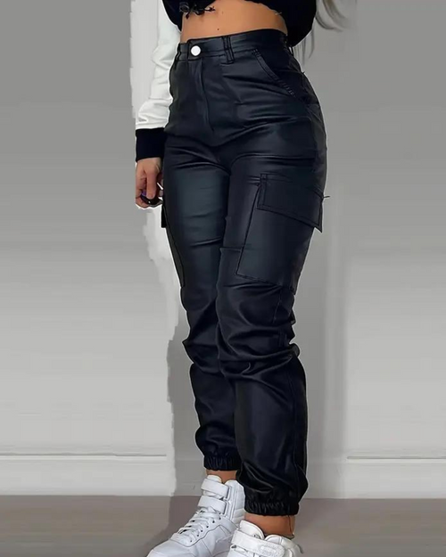 Dam Läderbyxor Trendig Design Hög Midja Läder-1
