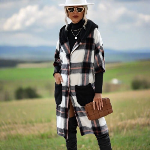 Dam Kappa Lång Rutigt Mönster Mjuk Tygblandning-1