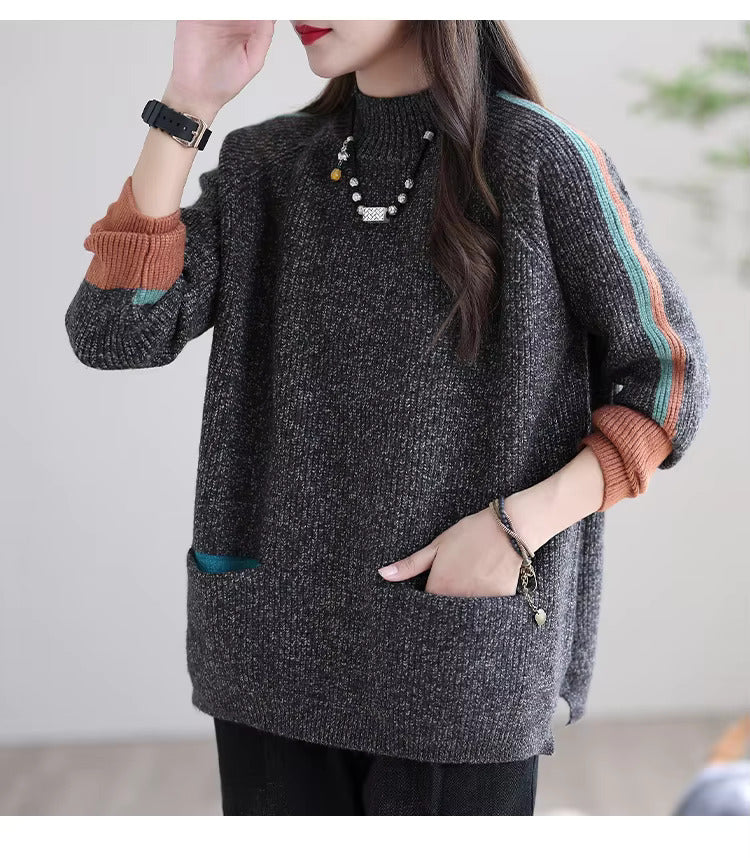 Dam Tröja Överdimensionerad Mjuk Tygblandning med Fickor-2