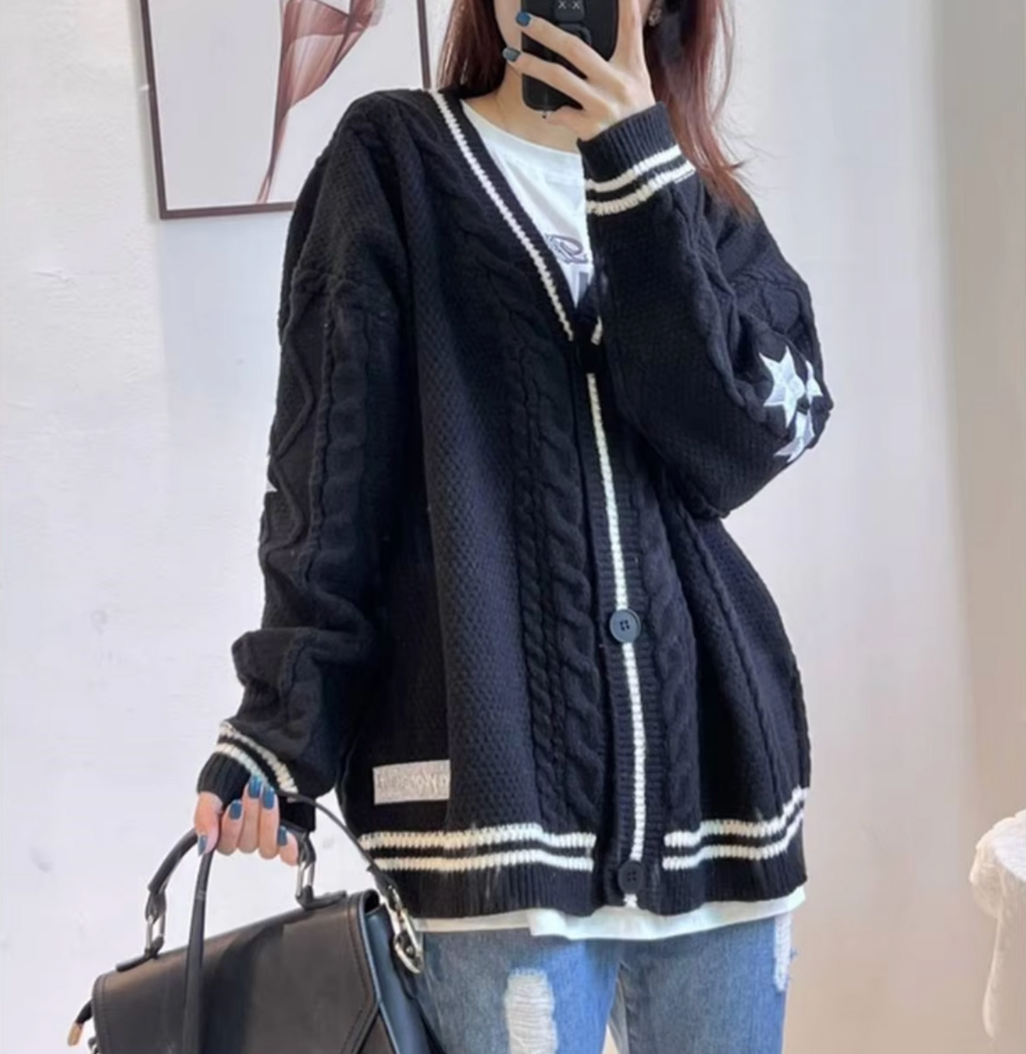 Dam Stickad Tröja med Stjärntryck Vintage Stil Mjukt Material-3