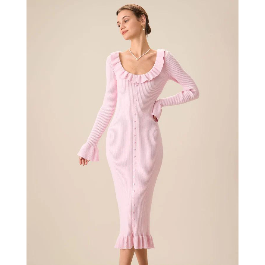 Kvinna Midi Klänning Ruffle Polyester 1