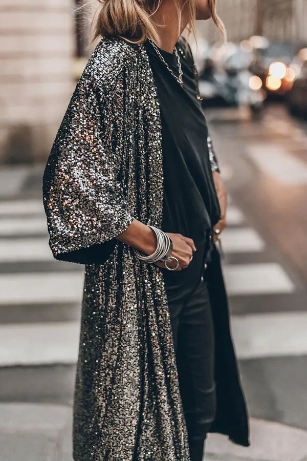 Dam Kimono Glittrande Paljetter Lätt Polyester-1