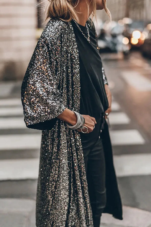 Dam Kimono Glittrande Paljetter Lätt Polyester-1