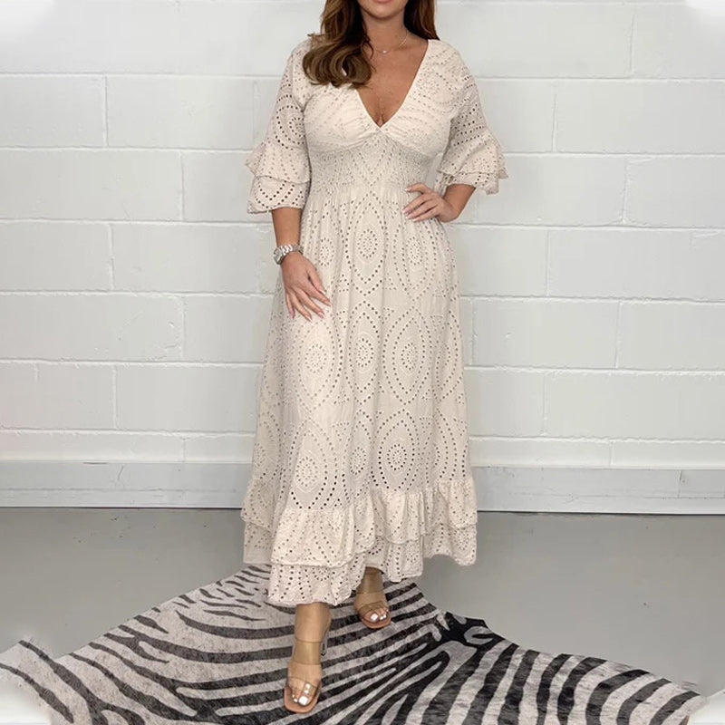 Dam Midi Klänning Broderade Anglaise Ruffles Högkvalitativt Tyg 9
