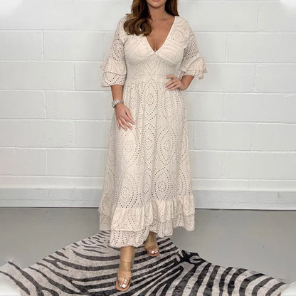 Dam Midi Klänning Broderade Anglaise Ruffles Högkvalitativt Tyg 9