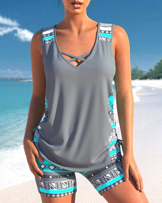 Dam Tankini-set Geometrisk V-hals Polyester Elastan-1