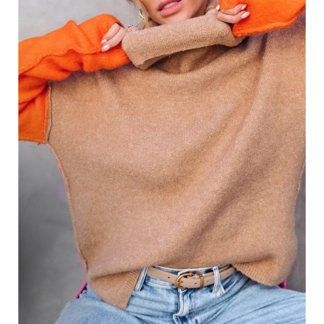 Stickad Dam Turtleneck Tröja med Färgblockdesign – Mjuk Vintertröja för Kalla Dagar, Finns i Flera Storlekar 2