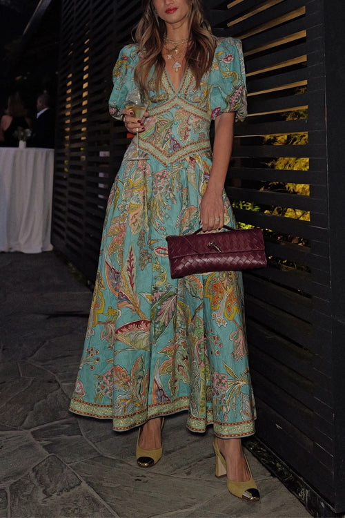 Variant image for Dam Maxiklänning V-ringning Puffärmar Unikt Tryck Bomull Polyester-1