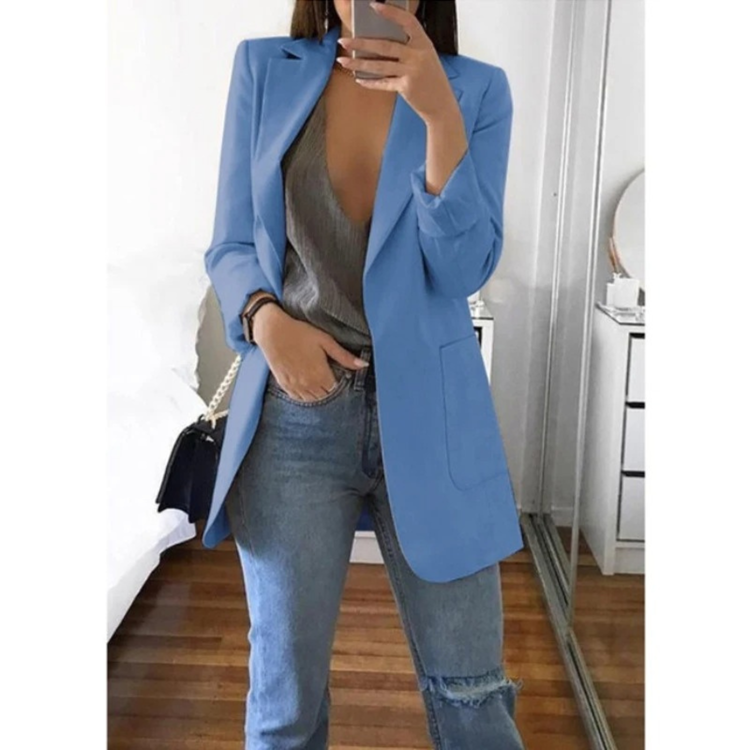 Kvinnors Lång Blazer Elegant Andningsbart Tyg-1