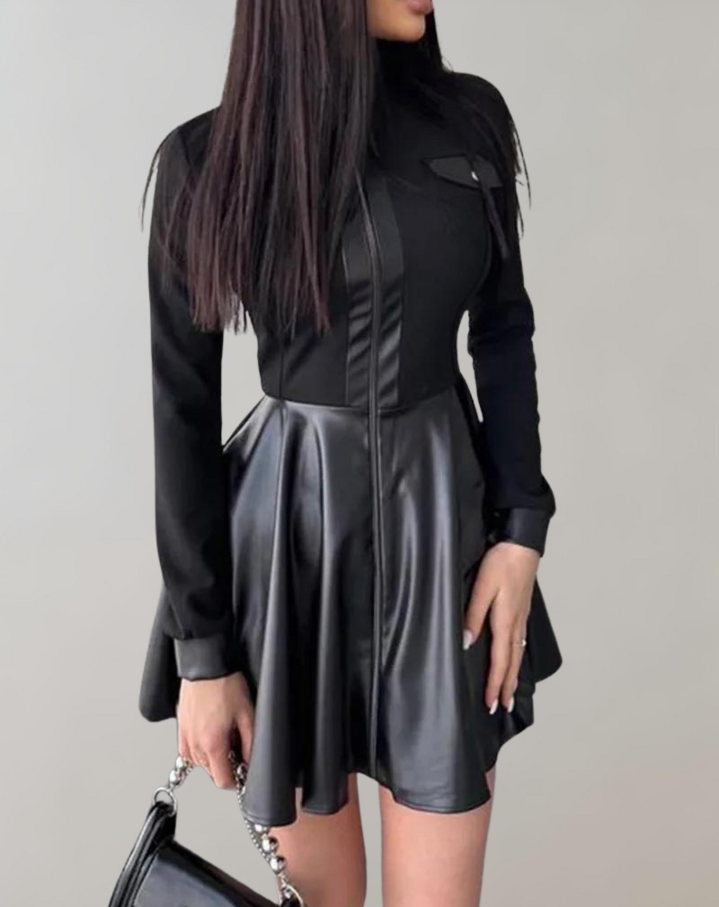 Dam Klänning Långärmad Läder Skräddarsydd Elegant 3