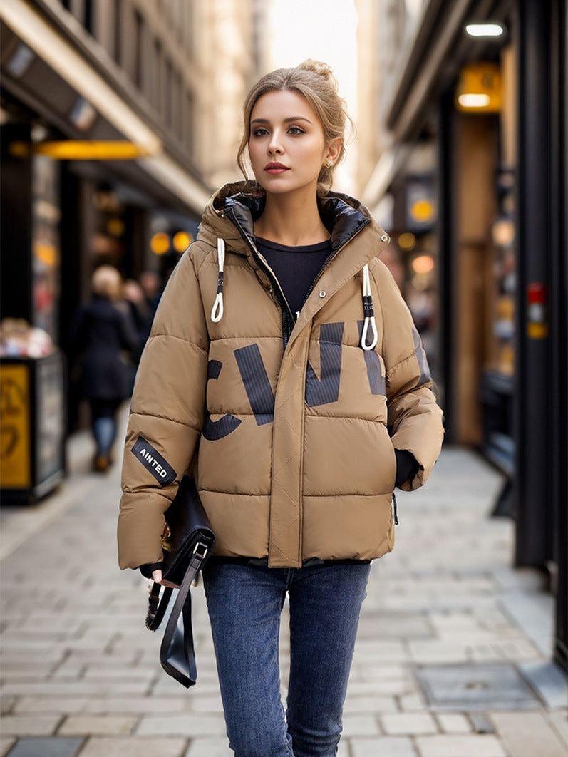 Dam Kort Bomullsjacka Tryckt Avslappnad Förtjockad-5