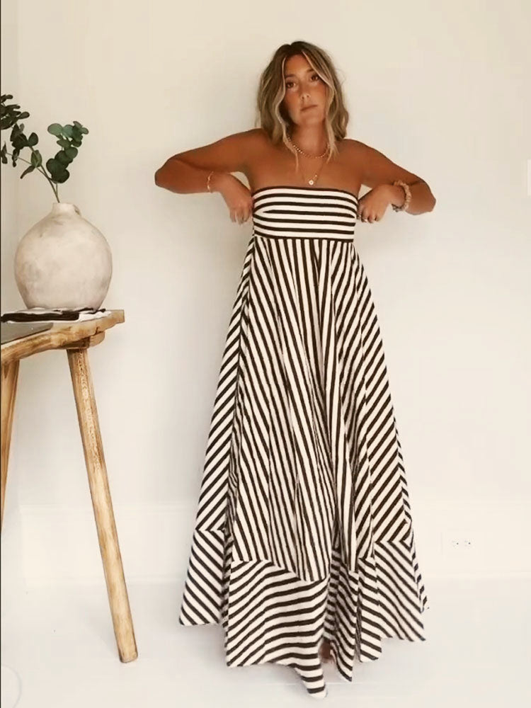 Maxiklänning Dam Stropplös Randig Polyester Flödande-1