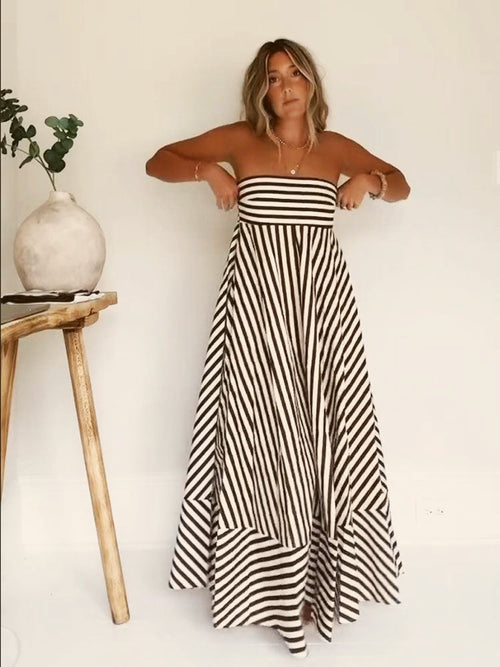 Maxiklänning Dam Stropplös Randig Polyester Flödande-1