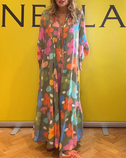 Variant image for Dam A-linjeformad Klänning med Blommönster i Bomullsblandning - Sommarklänning för Vardagsbruk och Fest-6