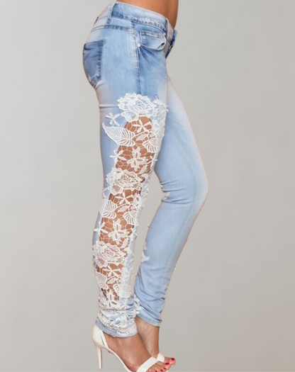 Snygga Byxor Dam Blommig Stretch Denim 3