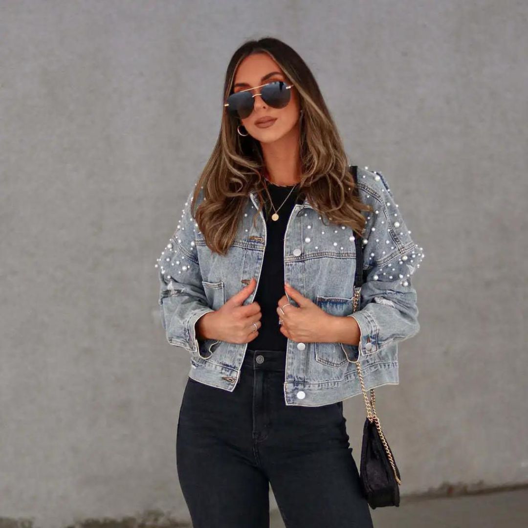 Damjacka med Pärldekoration och Stjärnaccenter i Denim för Dam 9
