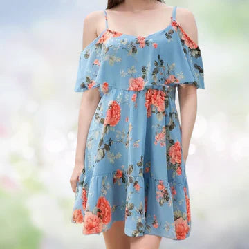 Damklänning Off-Shoulder Tryckt Andningsbart Tyg-1