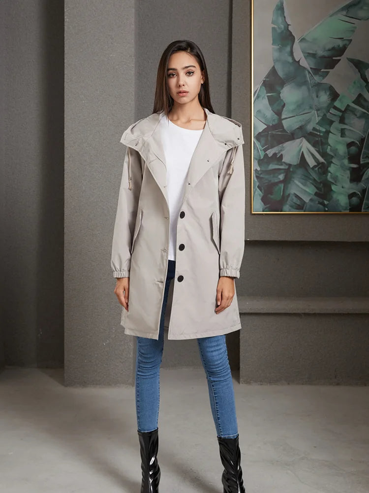 Dam Trenchcoat Vattenavvisande Klassisk Stil Långt Tyg-2