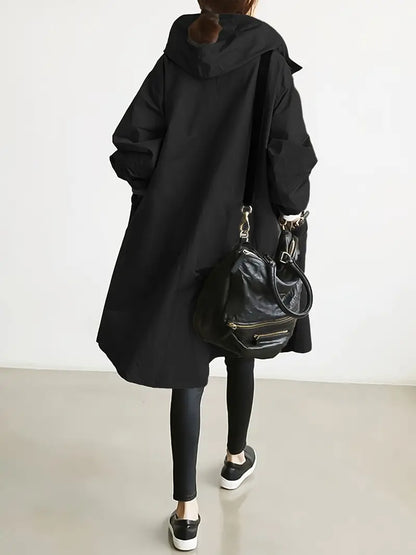 Lång Trenchcoat Dam med Huva och Justerbar Dragsko i Högkvalitativ Polyester-4