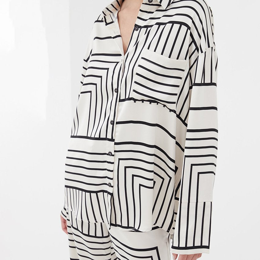 Dam Tvådelat Ensemble Långärmad Skjorta Polyester Vida Byxor-2