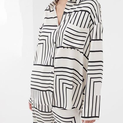 Dam Tvådelat Ensemble Långärmad Skjorta Polyester Vida Byxor-2