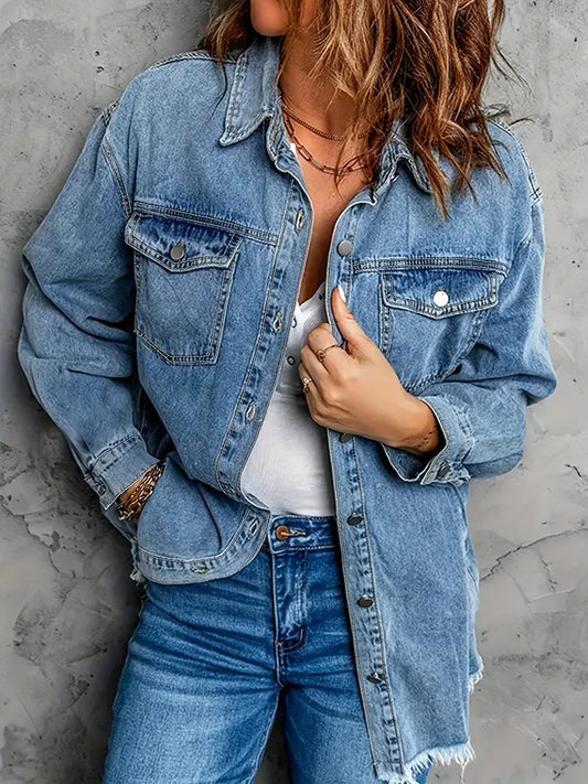 Dam Denimjacka Fransad Vändbar Krage 100% Bomull-1