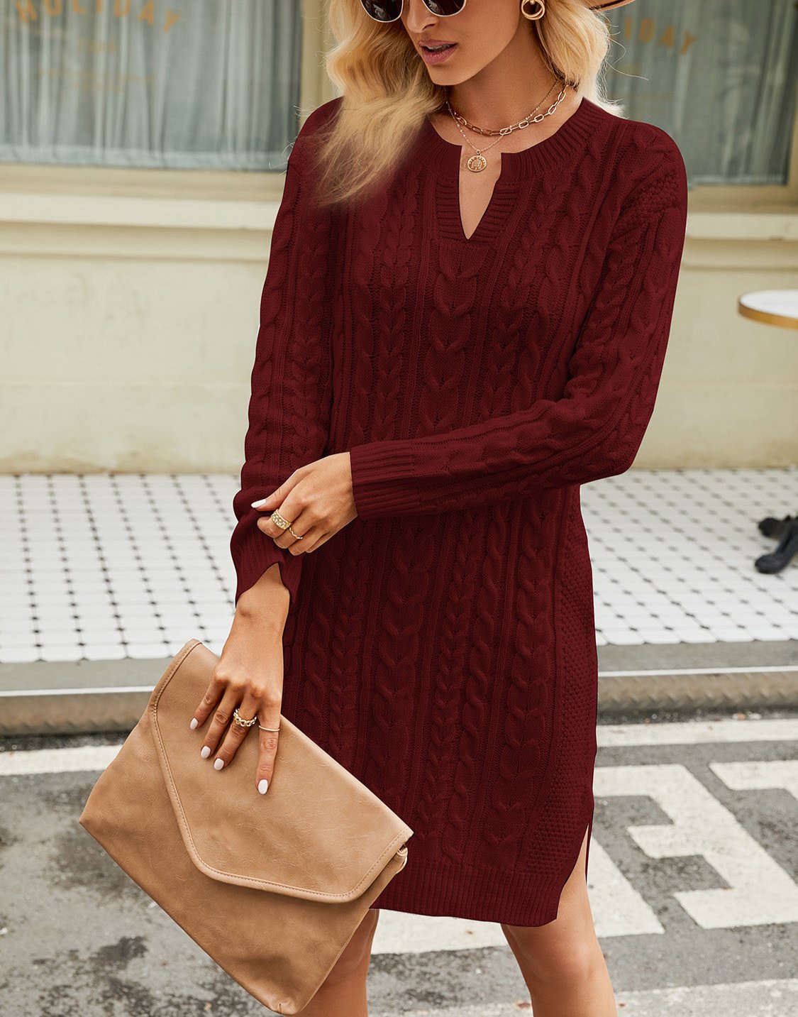 Kvinnors Stickad Klänning Kabelstickning med Skåra-5