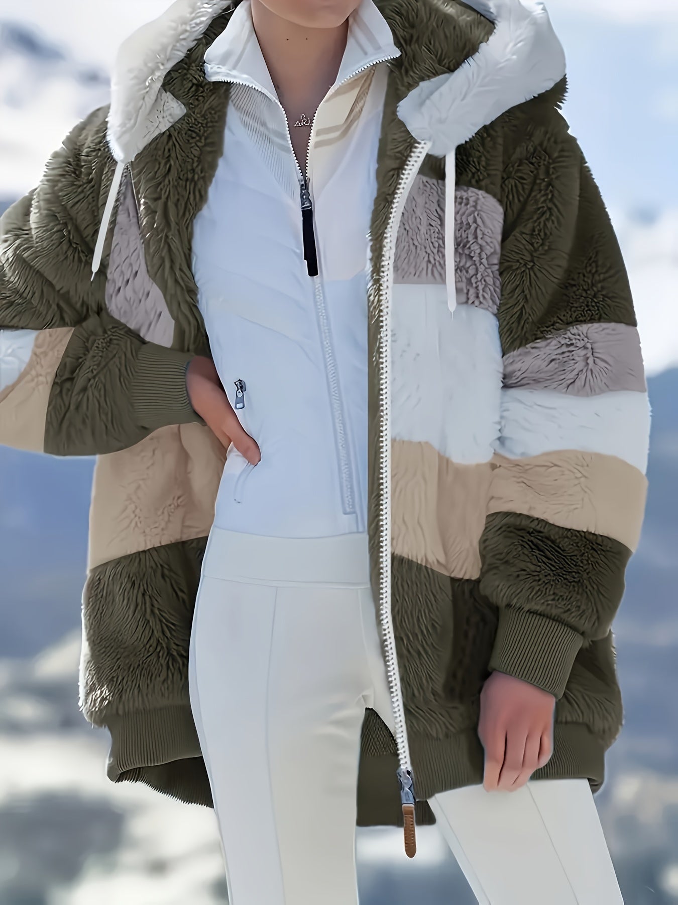 Dam Lång Teddyjacka Färgblockad Teddyfleece med Huva och Fickor 11