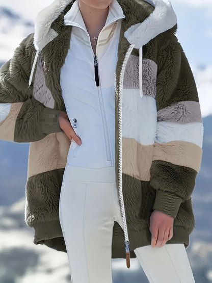 Dam Lång Teddyjacka Färgblockad Teddyfleece med Huva och Fickor 11