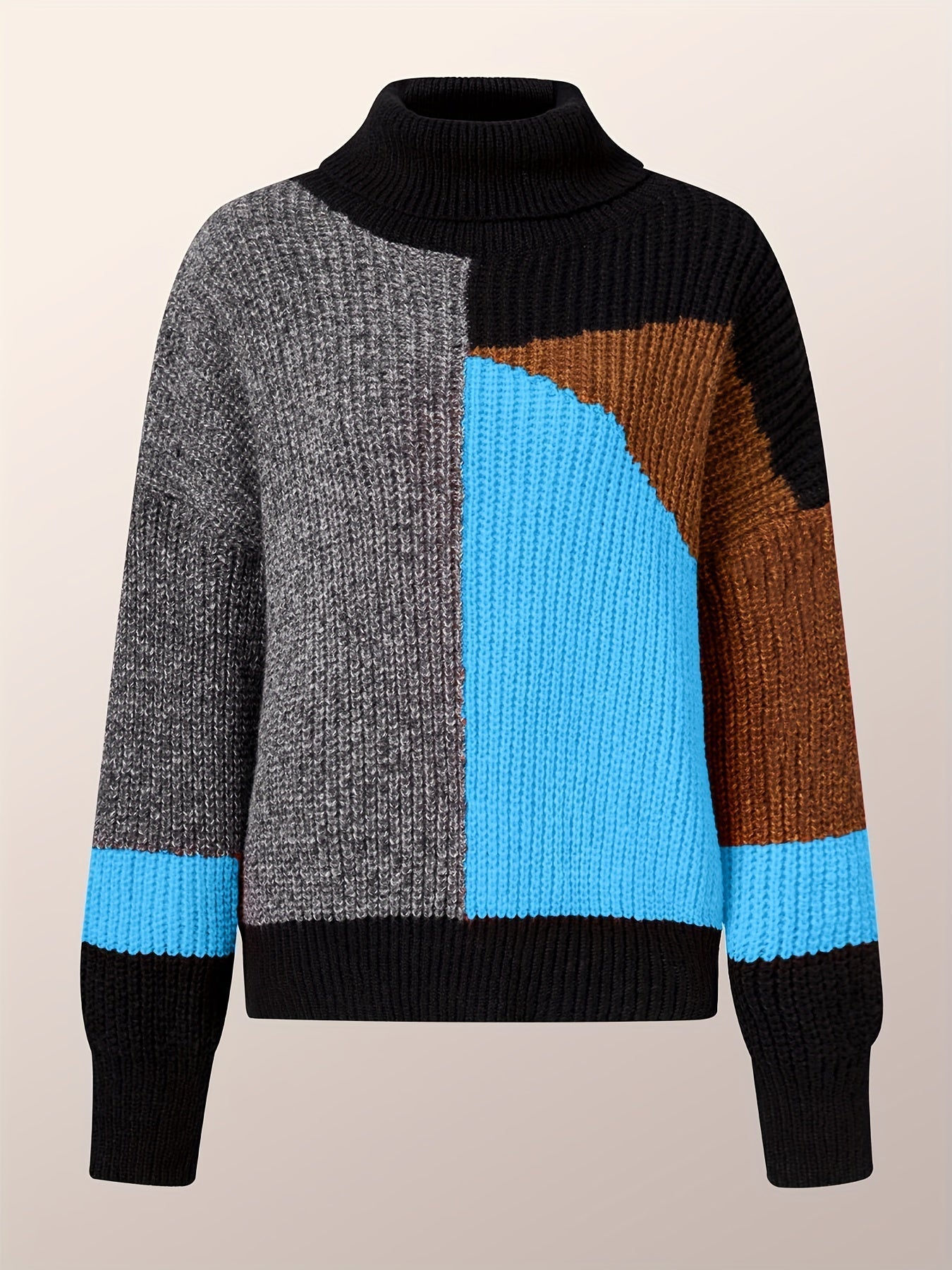 Stickad Dam Tröja Turtleneck Mjuk Tyg med Sänkta Axlar-4