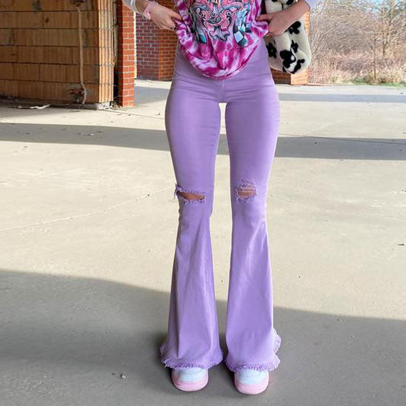 Snygga Byxor Dam Trasiga Detaljer Stretch-Denim Avslappnad Passform 5