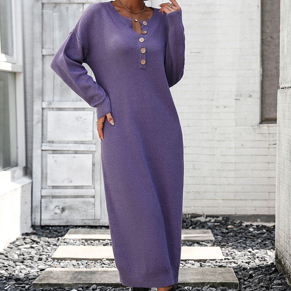 Variant image for Kvinnors Vinterklänning Långärmad Stickad med Knappdetaljer-17