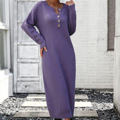 Variant image for Kvinnors Vinterklänning Långärmad Stickad med Knappdetaljer-17