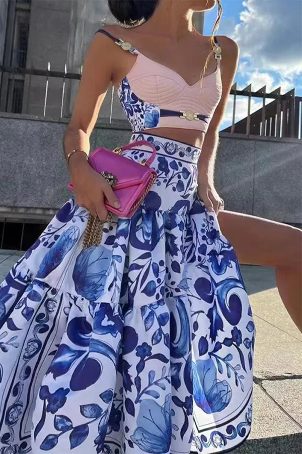 Dam Camisole Top och Tryckt Kjol Set i Polyester och Bomull för Sommarens Evenemang-1