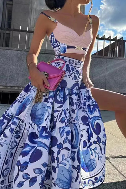 Variant image for Dam Camisole Top och Tryckt Kjol Set i Polyester och Bomull för Sommarens Evenemang-1