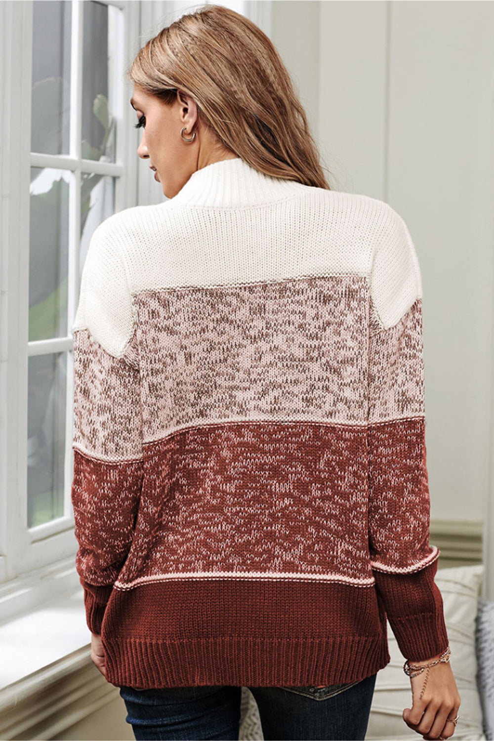 Stickad Dam Tröja Hög Krage med Kontrast Söm Polyester-5