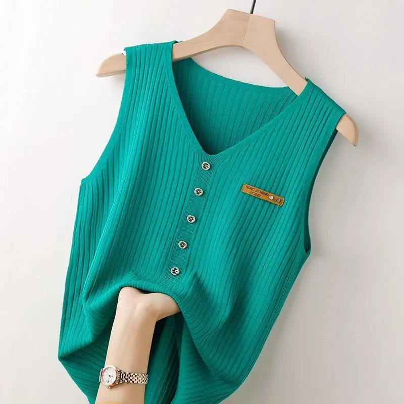 Variant image for Kvinnors Ärmless Stickad Topp V-ringning Högkvalitativ Stickning-11