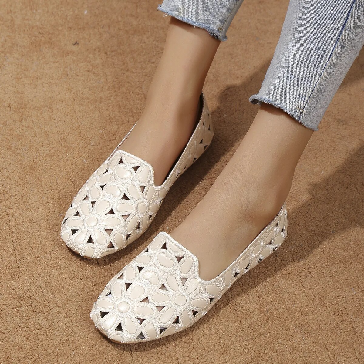 Bekväma Loafers Dam Blommig Design Syntetiskt Material-2