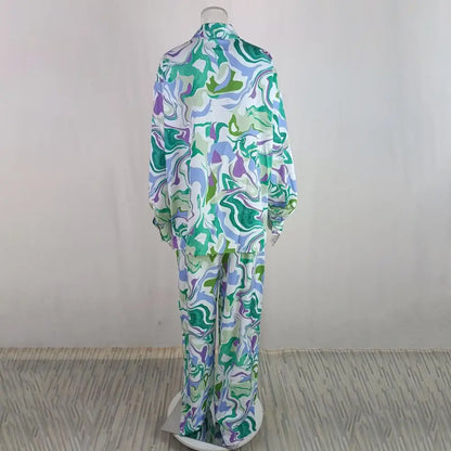 Dam Tvådelad Uppsättning Löst Sittande Polyester med Livligt Tryck-6