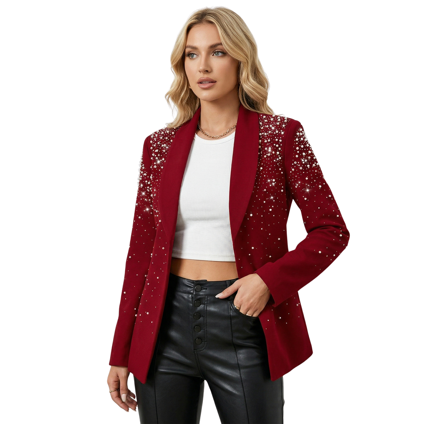 Kvinna Blazer Elegant Pärlapplikationer Högkvalitativt Tyg